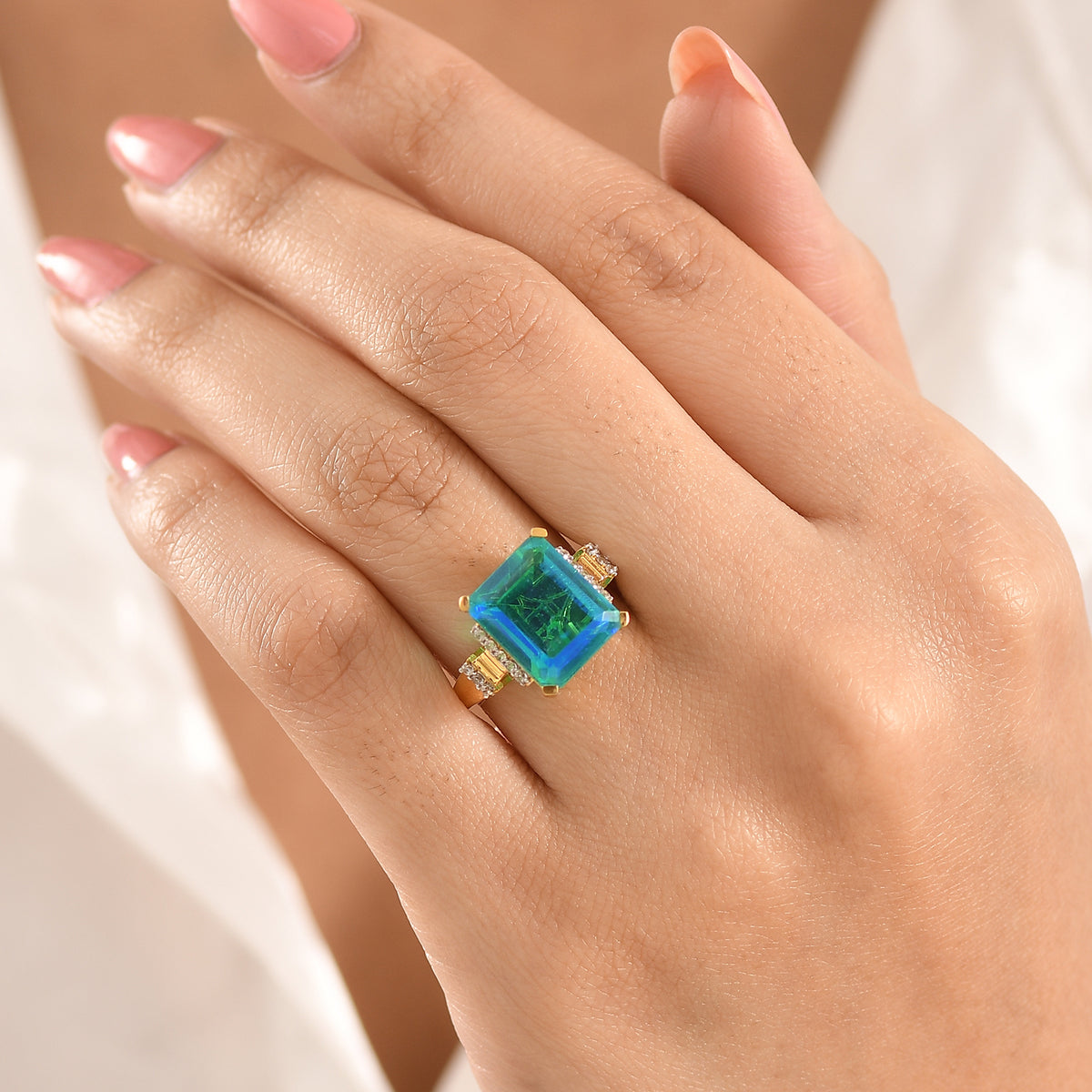 D'Joy - Peacock Triplet Quartz &amp; White Zircon Ring in Yellow Gold Plated Sterling Silver 6.80 Ct. V32592835 2