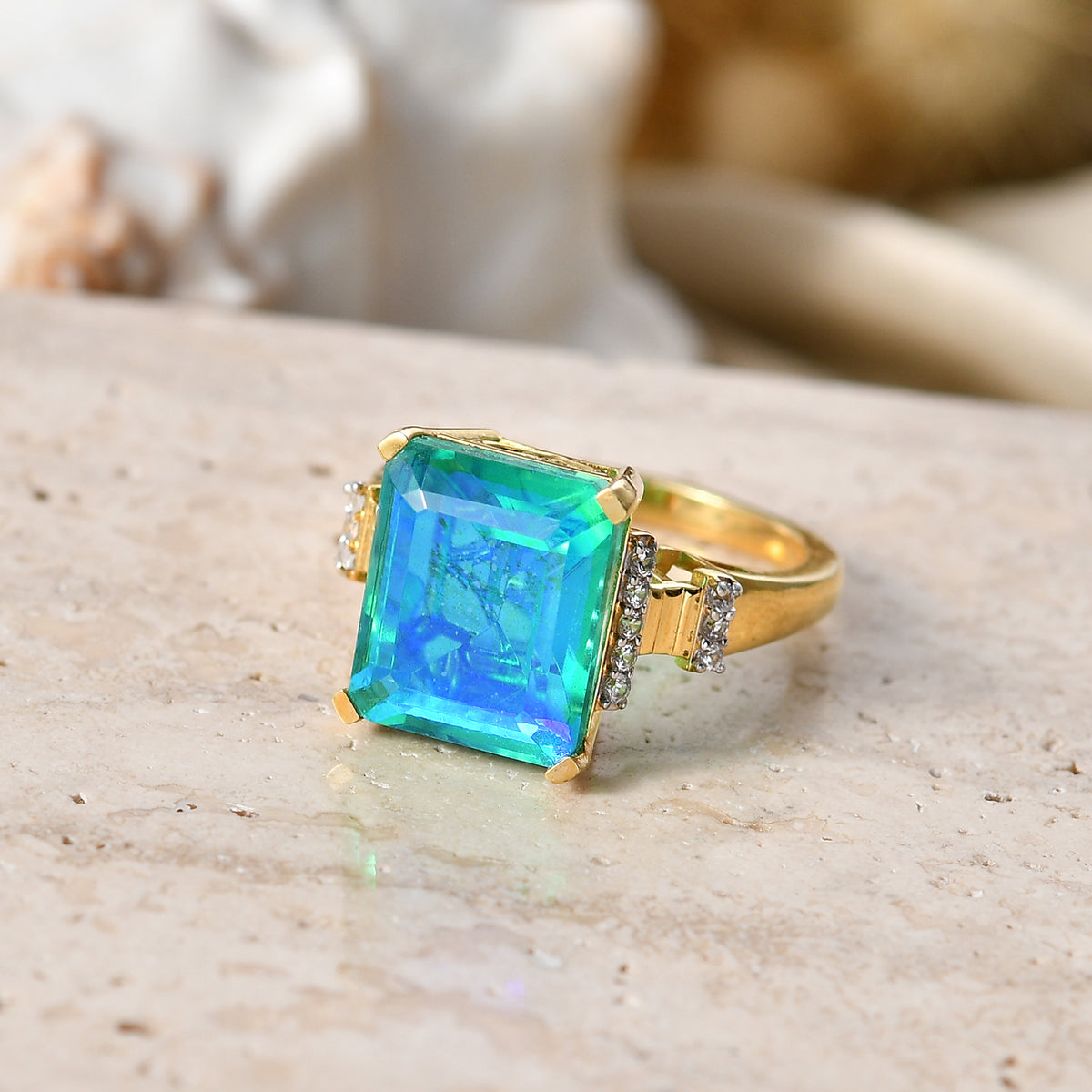 D'Joy - Peacock Triplet Quartz &amp; White Zircon Ring in Yellow Gold Plated Sterling Silver 6.80 Ct. V32592835 3