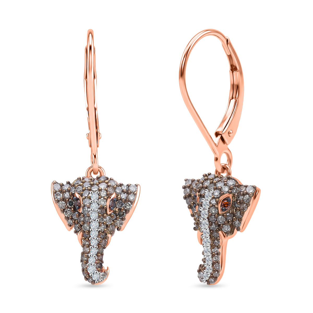 GP Family Legacy Italy - Natural Champagne Diamond With White &amp; Red Diamond &amp; Blue Sapphire Elephant Earrings in 18K Gold Vermeil Sterling Silver 0.50Cts 8552415 0