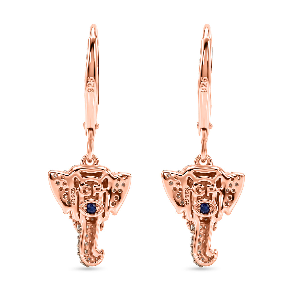 GP Family Legacy Italy - Natural Champagne Diamond With White & Red Diamond & Blue Sapphire Elephant Earrings in 18K Gold Vermeil Sterling Silver 0.50Cts_8552415_4
