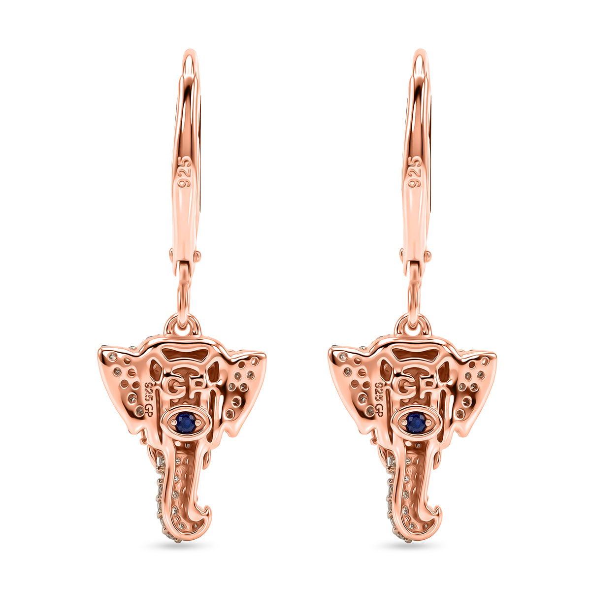 GP Family Legacy Italy - Natural Champagne Diamond With White &amp; Red Diamond &amp; Blue Sapphire Elephant Earrings in 18K Gold Vermeil Sterling Silver 0.50Cts 8552415 4