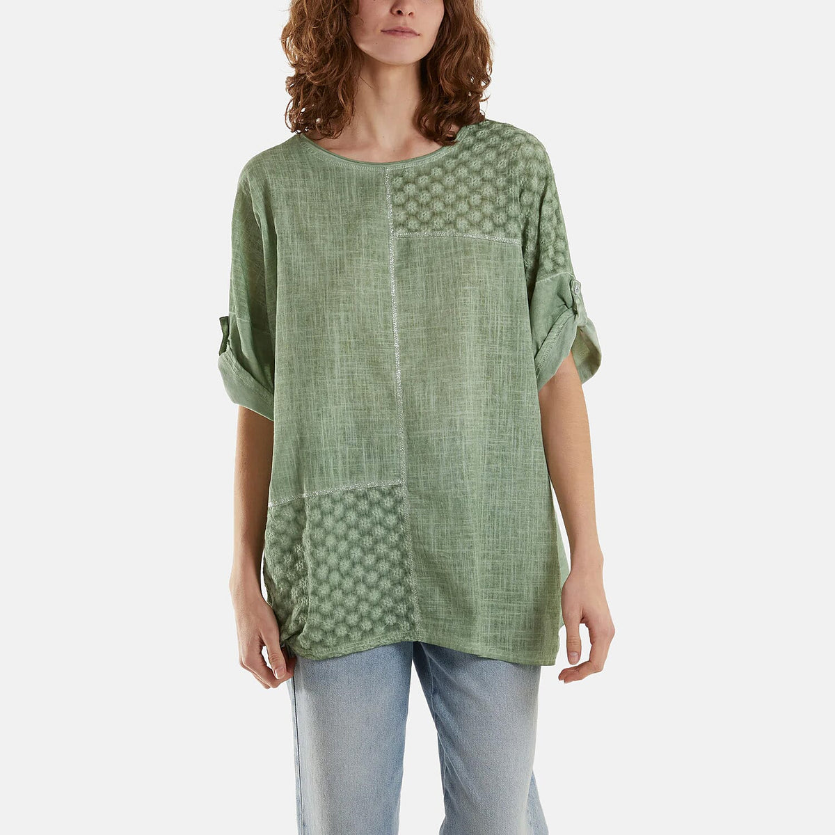 Mizumi Stone Wash Patchwork Sparkle Round Neck Top (Size S/M, 8 to 12) - Green V32530120 0