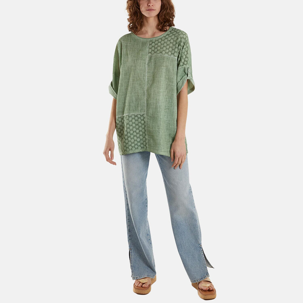 Mizumi Stone Wash Patchwork Sparkle Round Neck Top (Size S/M, 8 to 12) - Green_8552604_1