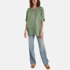 Mizumi Stone Wash Patchwork Sparkle Round Neck Top (Size S/M, 8 to 12) - Green_8552604_1