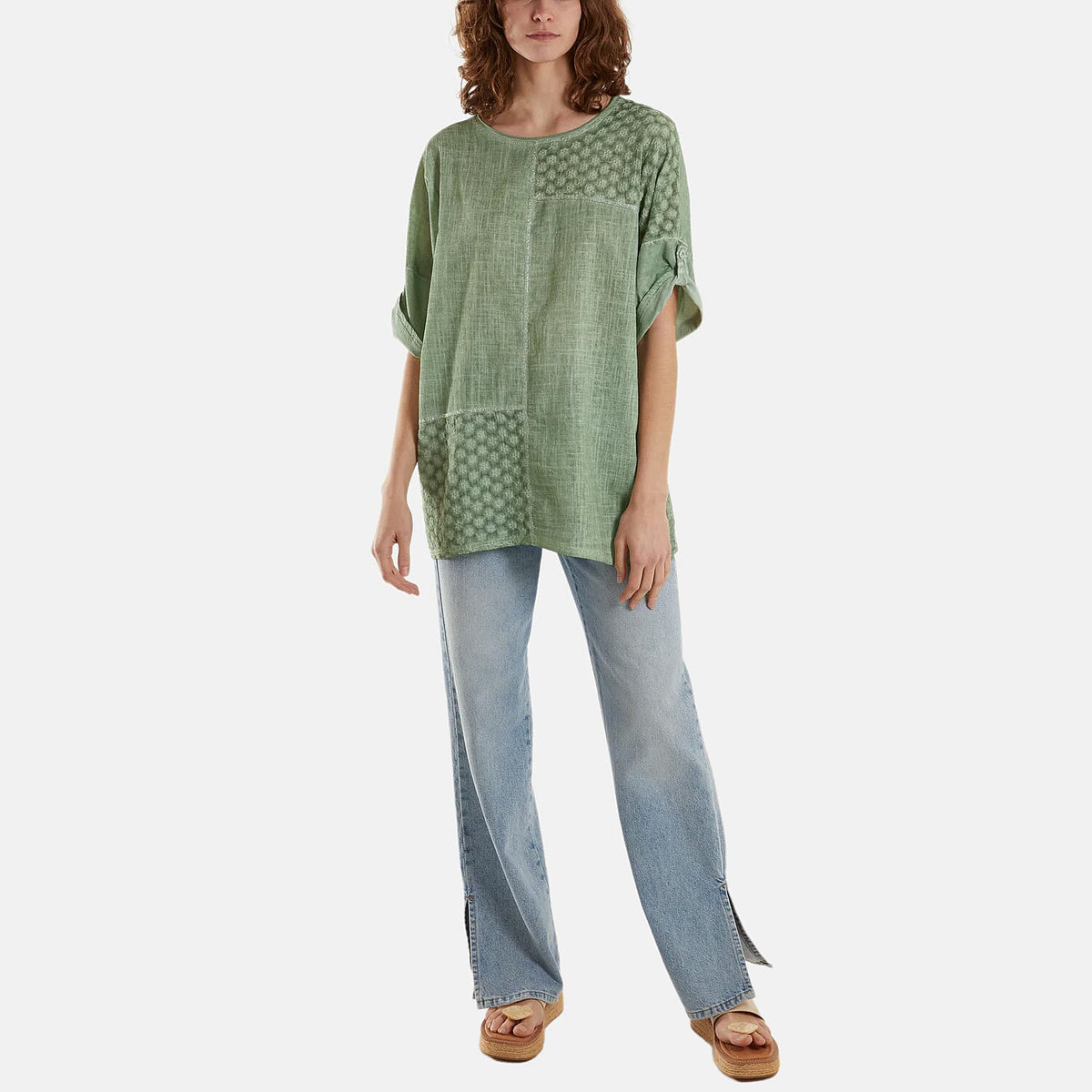 Mizumi Stone Wash Patchwork Sparkle Round Neck Top (Size S/M, 8 to 12) - Green V32530120 1