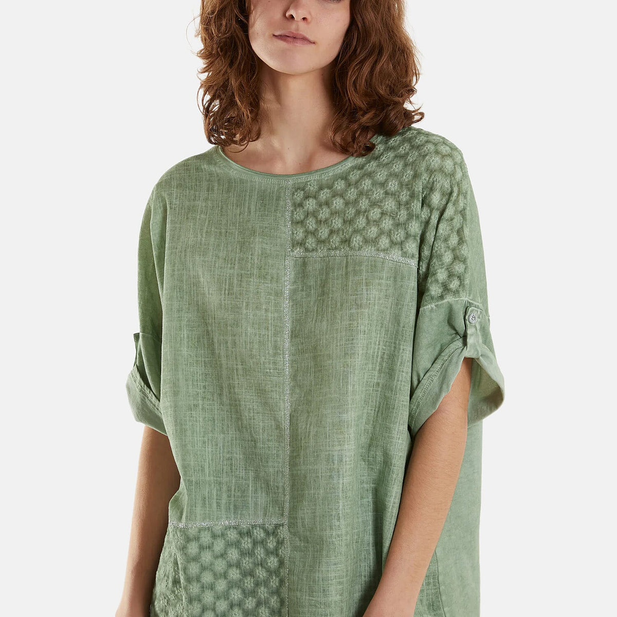 Mizumi Stone Wash Patchwork Sparkle Round Neck Top (Size S/M, 8 to 12) - Green V32530120 2