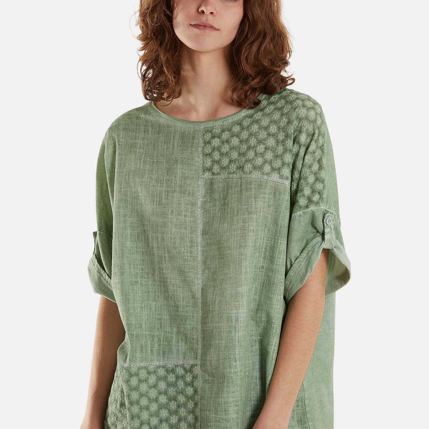Mizumi Stone Wash Patchwork Sparkle Round Neck Top (Size S/M, 8 to 12) - Green V32530120 2