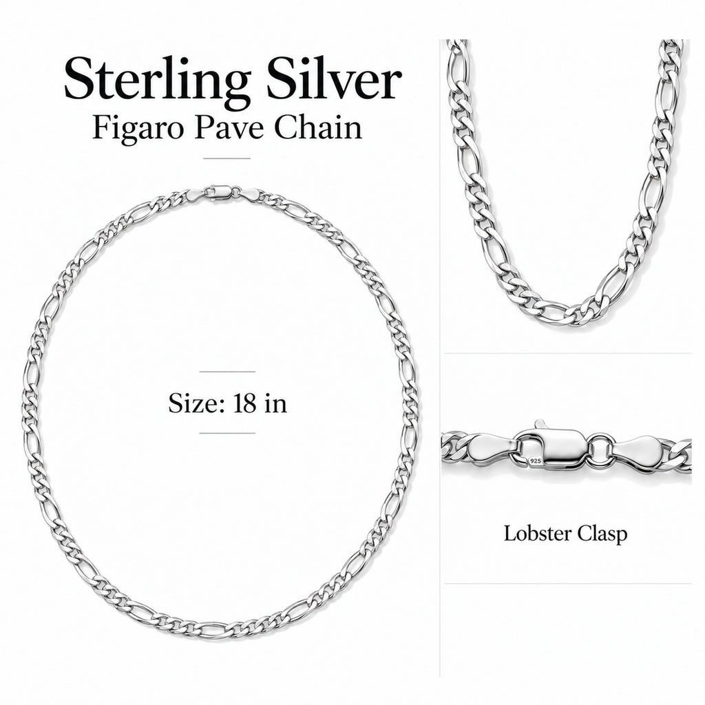 Sterling Silver Figaro Pave Chain (Size - 18) with Lobster Clasp_8552751_6