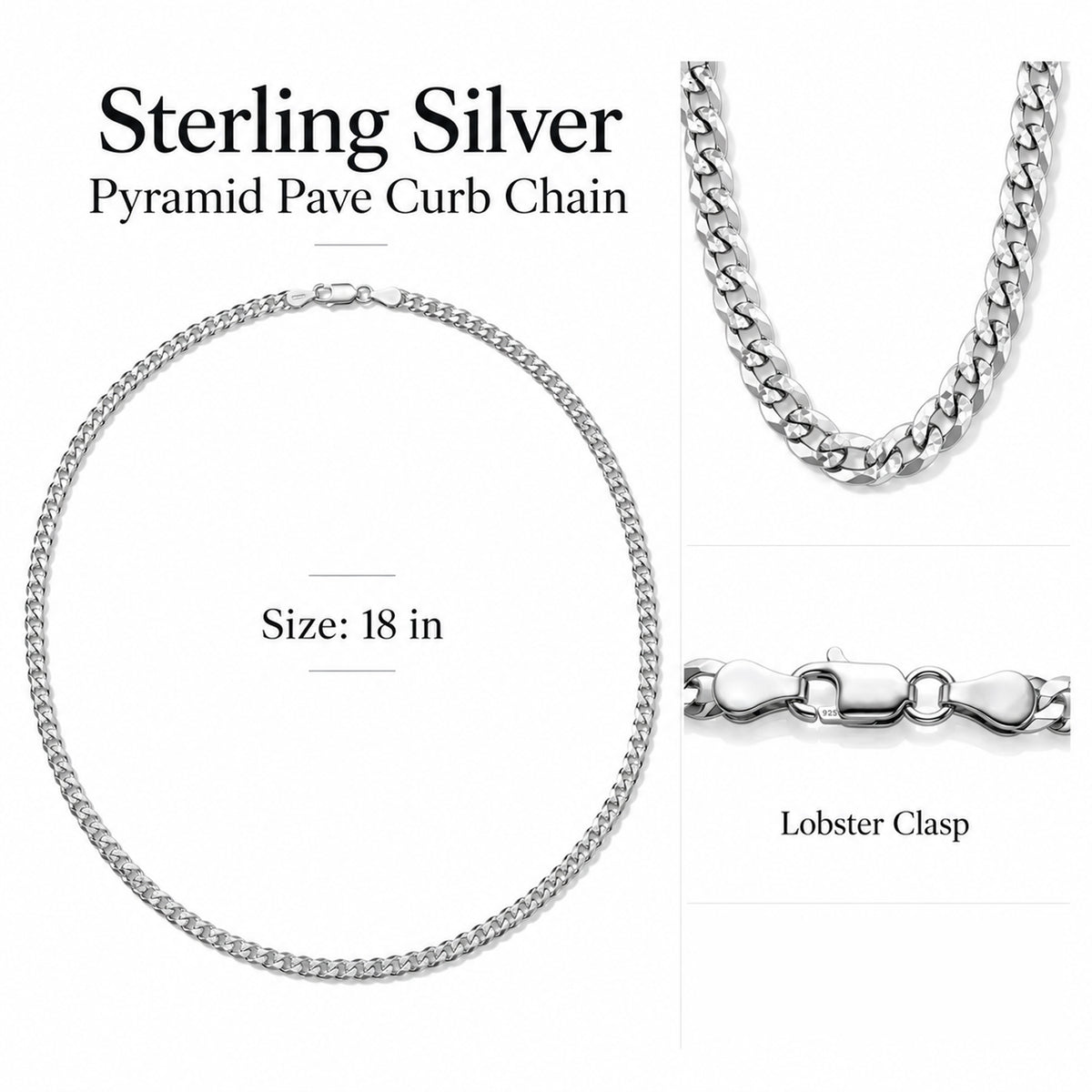 Italian Made - Sterling Silver Pyramid Pave Curb Chain (Size - 18) with Lobster Clasp V32538752 6