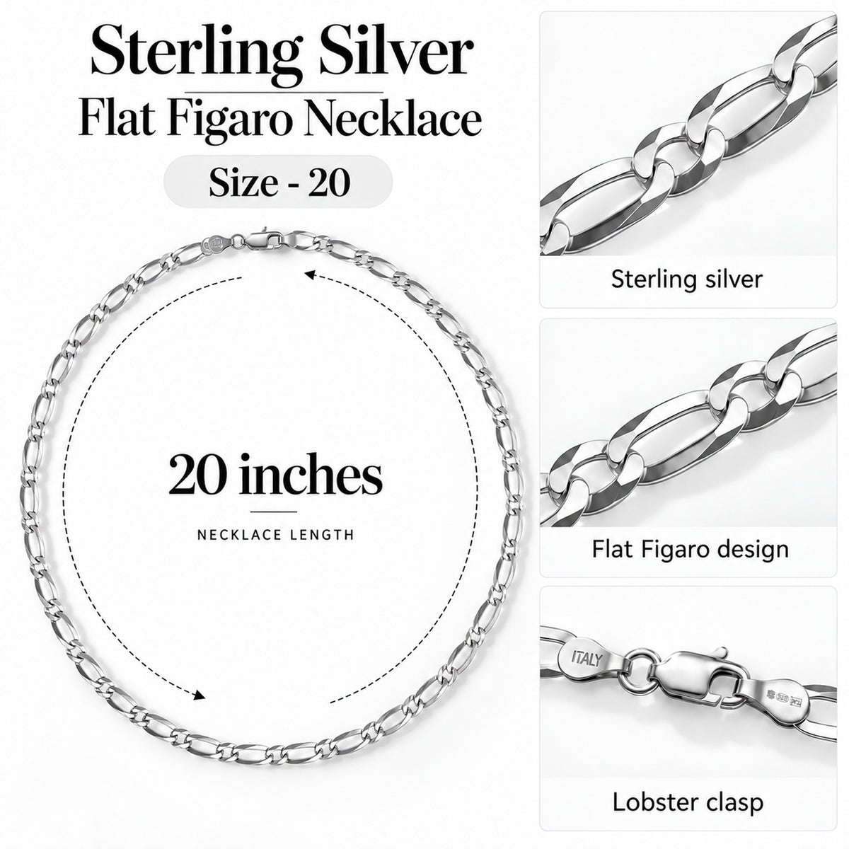 Sterling Silver Flat Figaro Chain (Size - 20) with Lobster Clasp V32564973 7