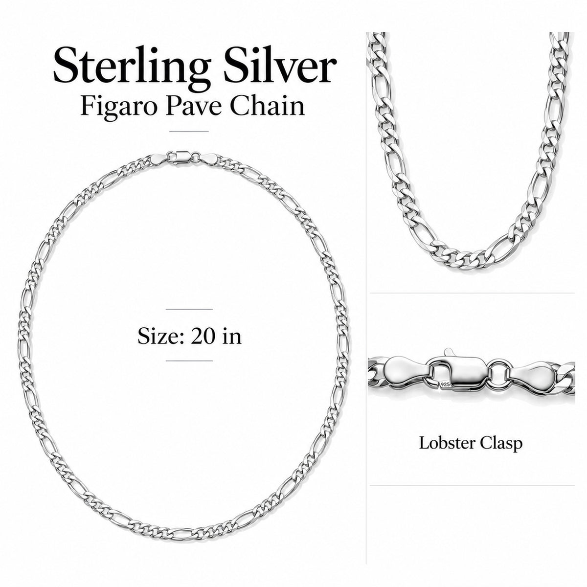 Italian Made Sterling Silver Pave Figaro Chain (Size - 20) with Lobster Clasp V32564422 6