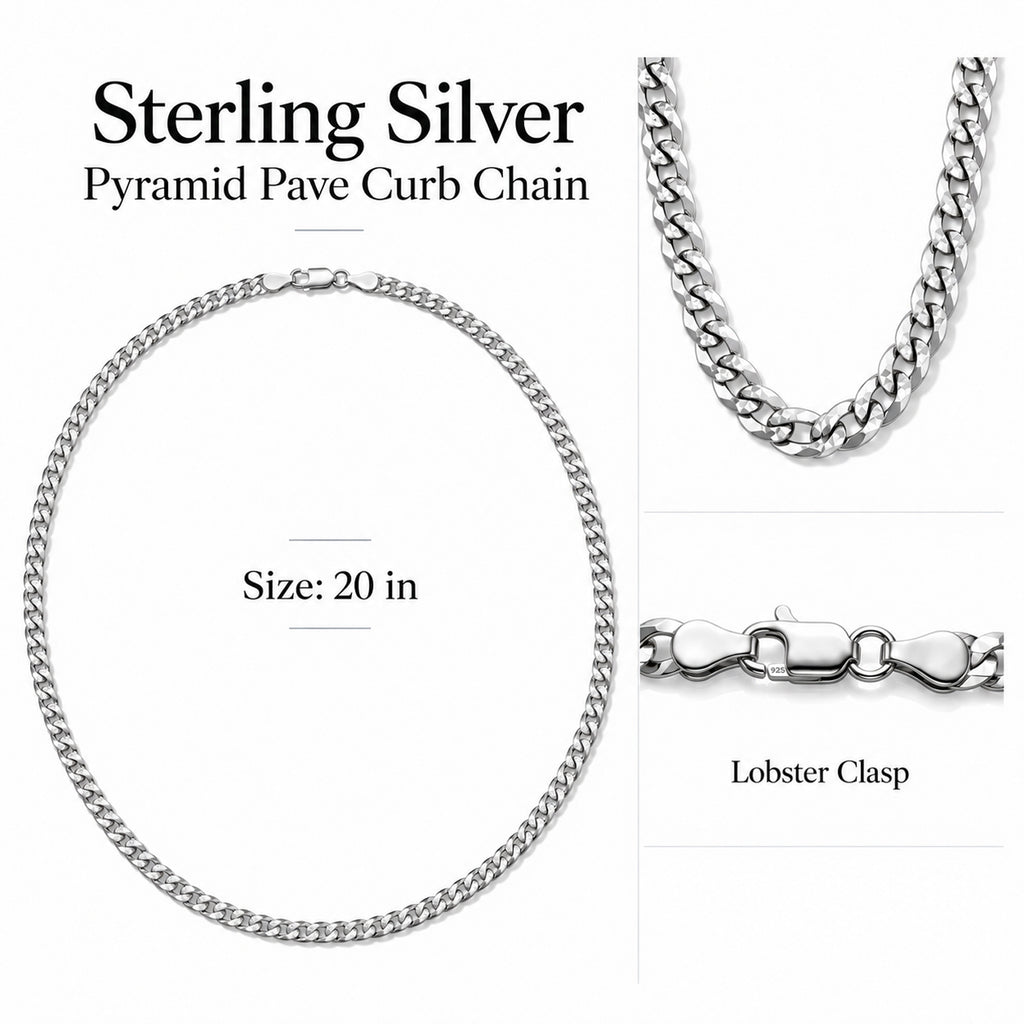 Italian Made - Sterling Silver Pyramid Pave Curb Chain (Size - 20) with Lobster Clasp_8552920_6