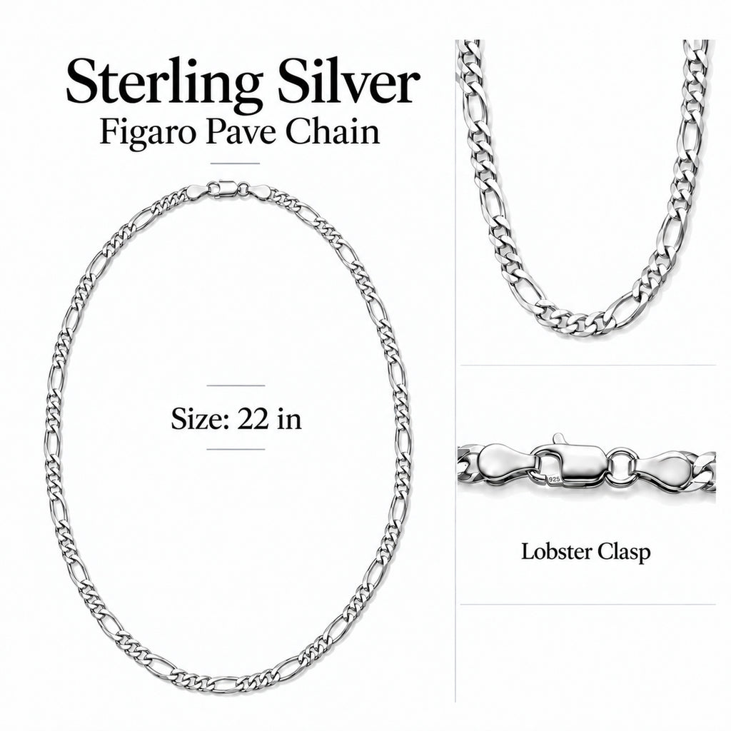 Italian Made Sterling Silver Pave Figaro Chain (Size - 22) with Lobster Clasp_8552933_6