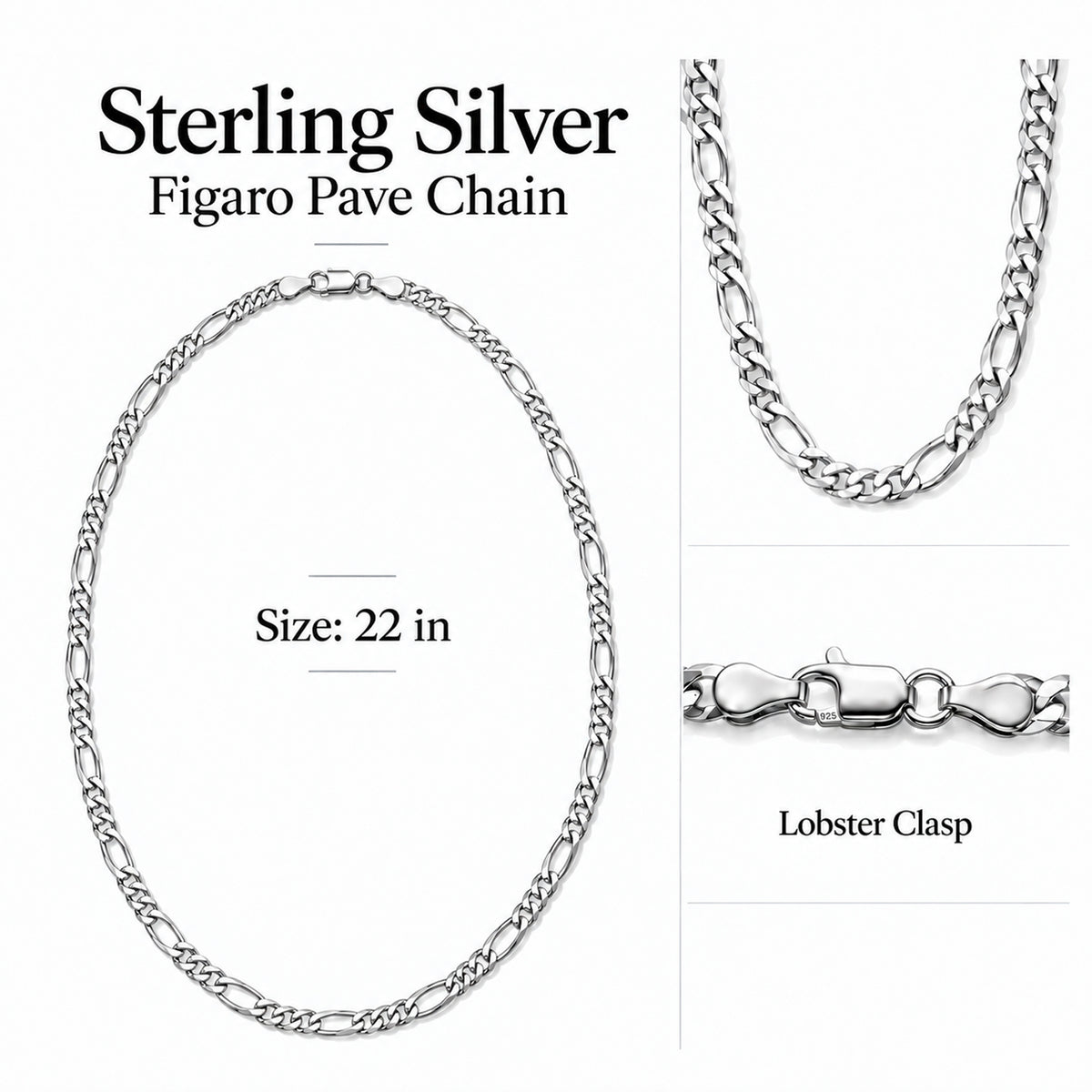 Italian Made Sterling Silver Pave Figaro Chain (Size - 22) with Lobster Clasp V32560190 6