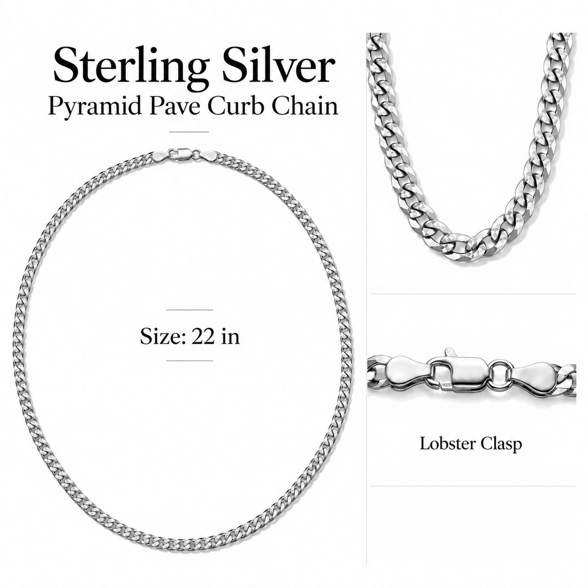 Italian Made - Sterling Silver Pyramid Pave Curb Chain (Size - 22) with Lobster Clasp V32603611 6