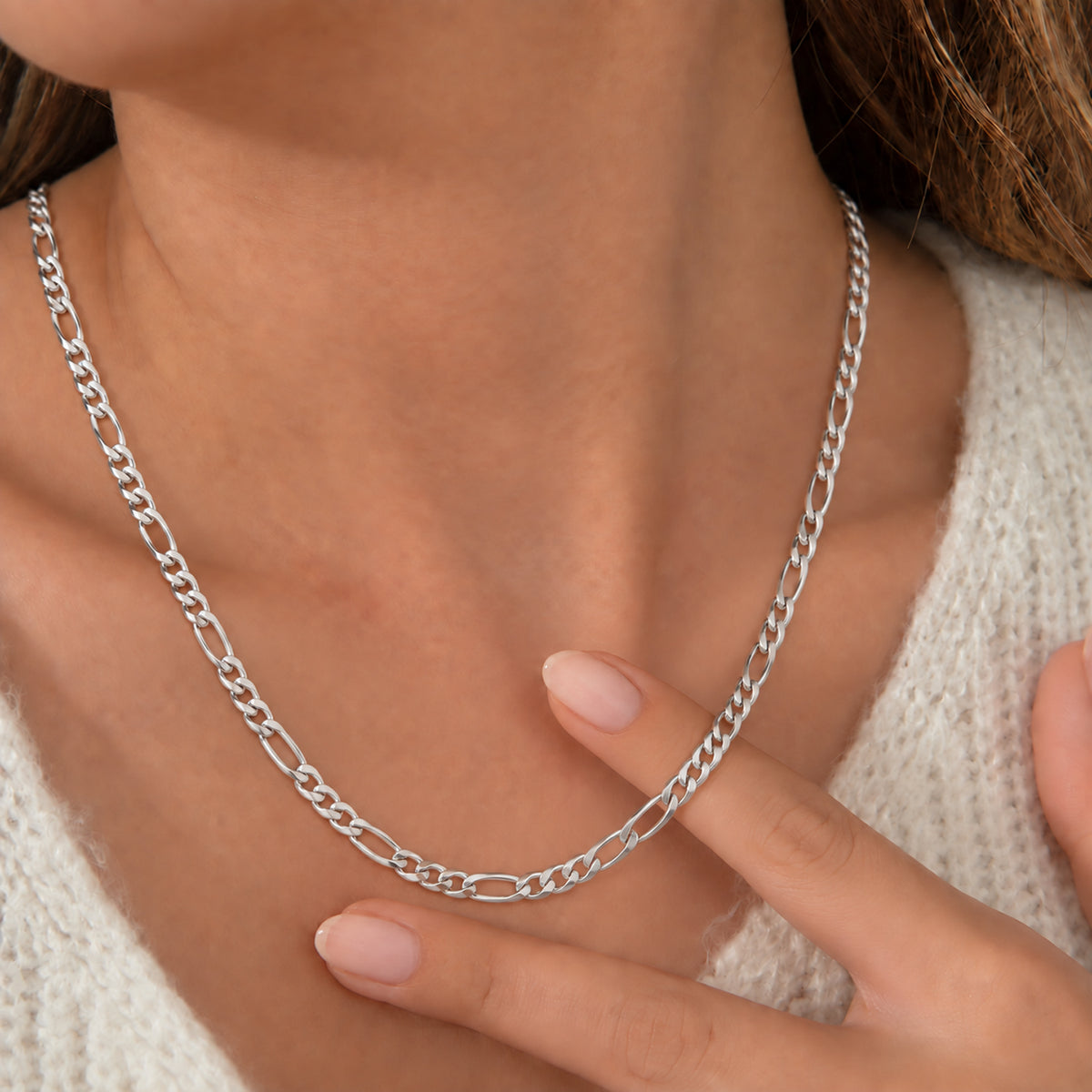 Italian Made - Sterling Silver Pave Figaro Chain (Size - 24) with Lobster Clasp V32558793 1