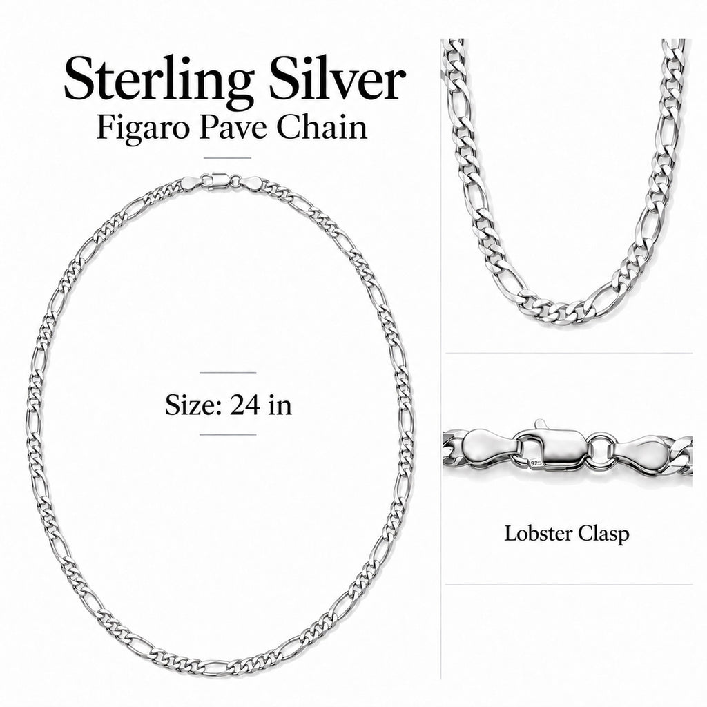 Italian Made - Sterling Silver Pave Figaro Chain (Size - 24) with Lobster Clasp_8552945_6