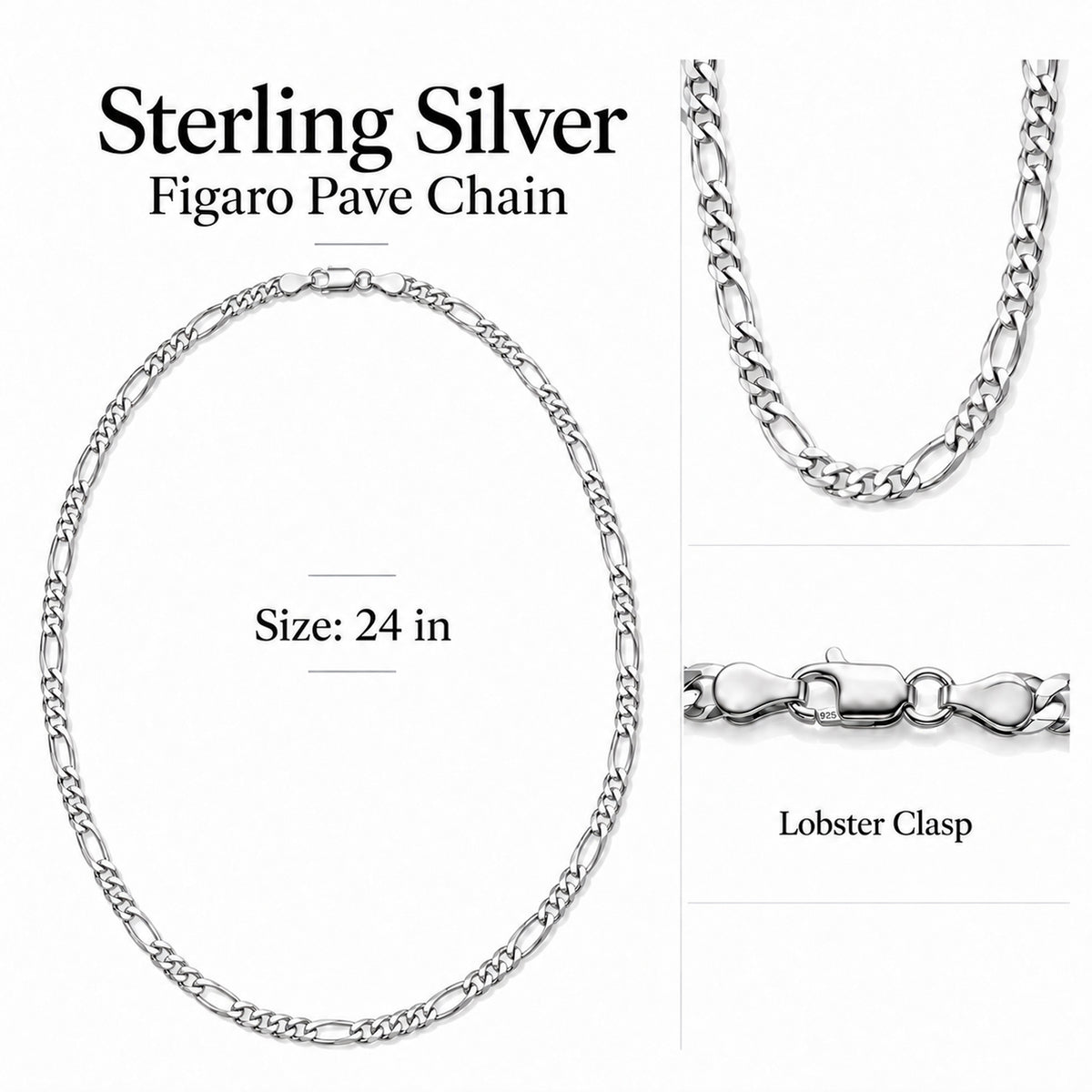Italian Made - Sterling Silver Pave Figaro Chain (Size - 24) with Lobster Clasp V32558793 6