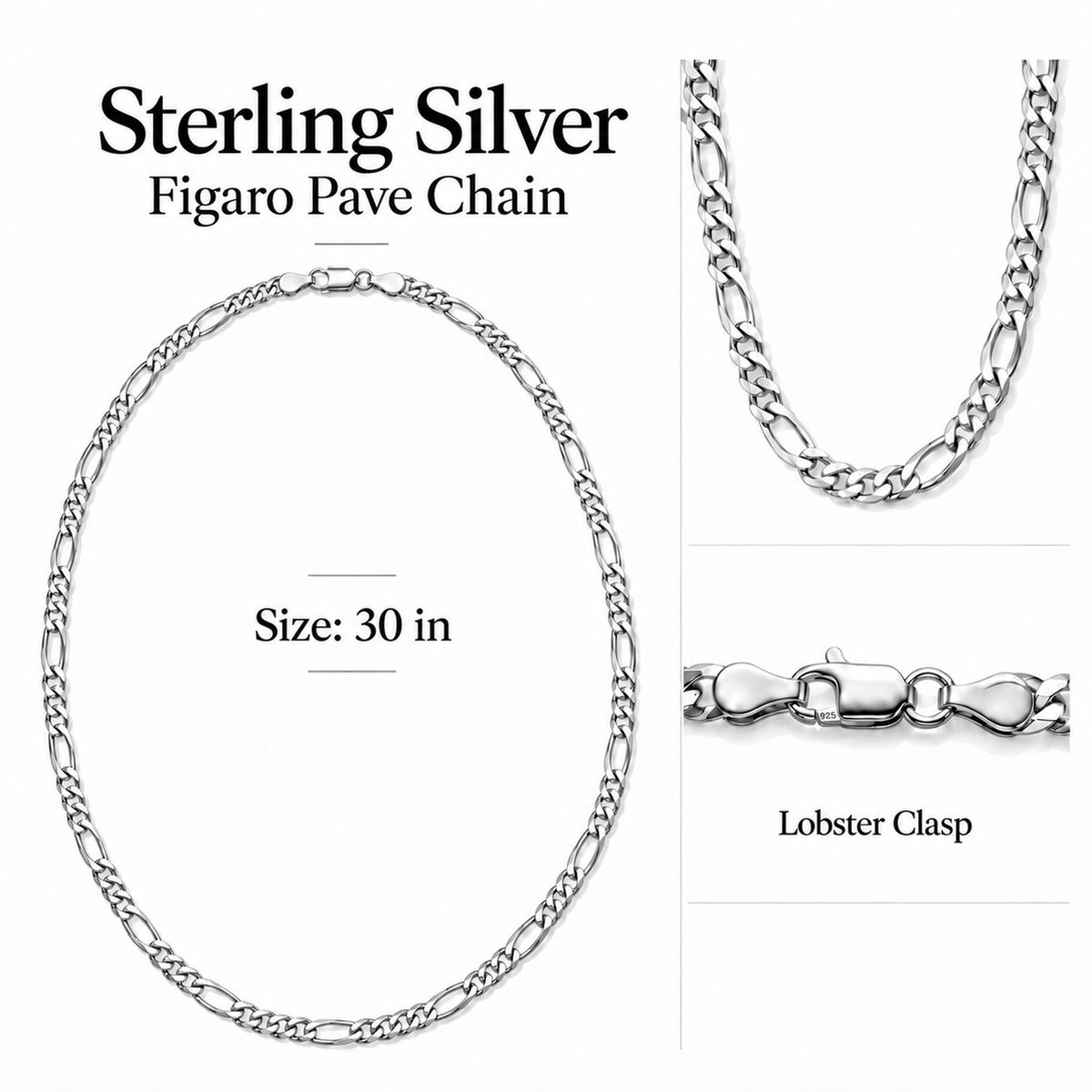 Sterling Silver Pave Figaro Chain (Size - 30) with Lobster Clasp V32570202 6