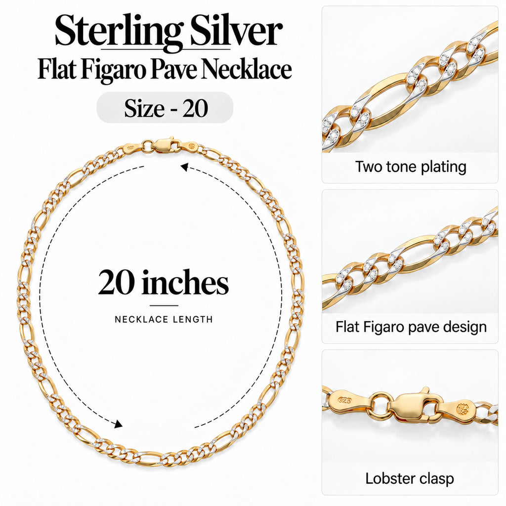 Italian Made - Sterling Silver Flat Figaro Pave Necklace (Size - 20) with Lobster Clasp in Two Tone Plating_8552979_7
