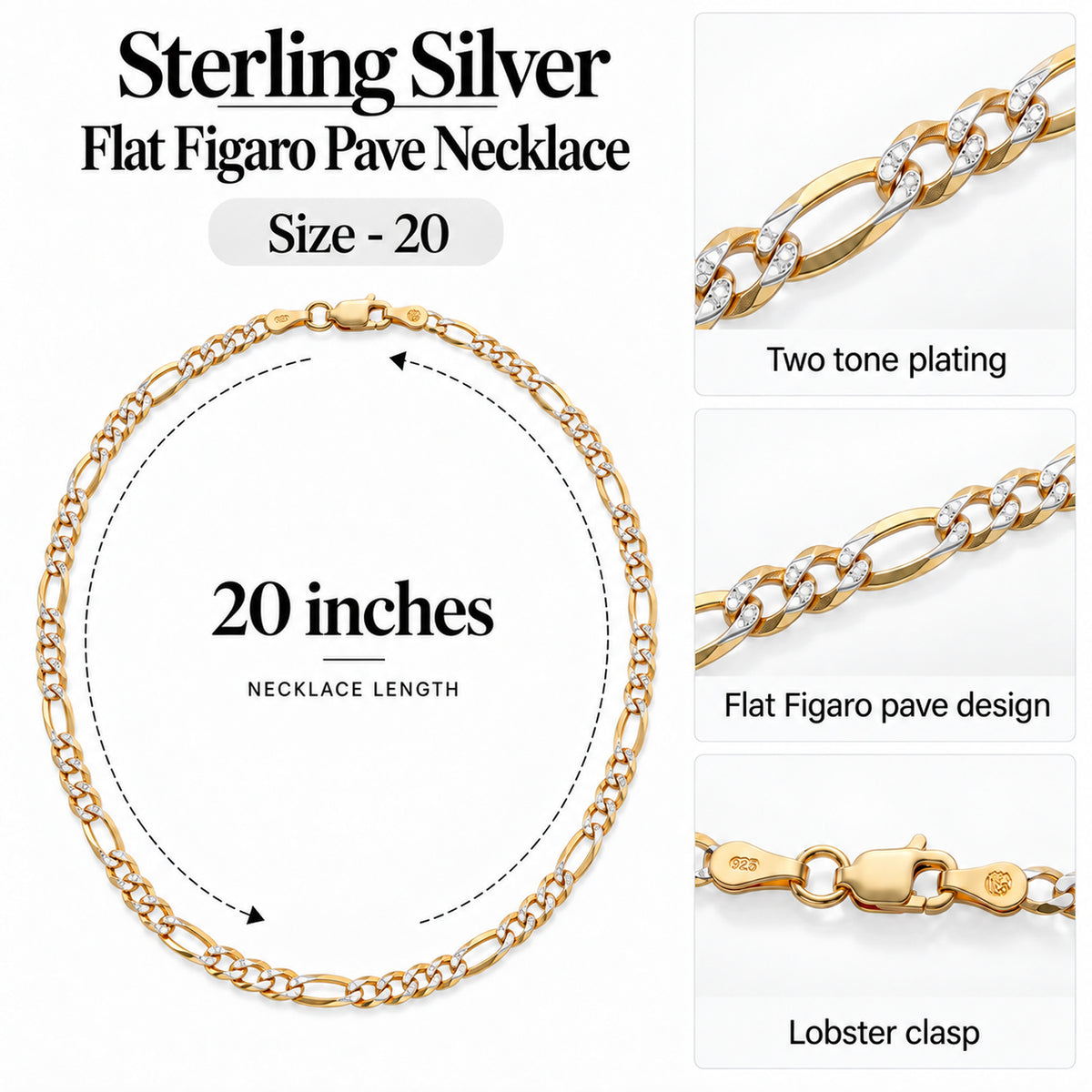 Italian Made - Sterling Silver Flat Figaro Pave Necklace (Size - 20) with Lobster Clasp in Two Tone Plating V32753283 7