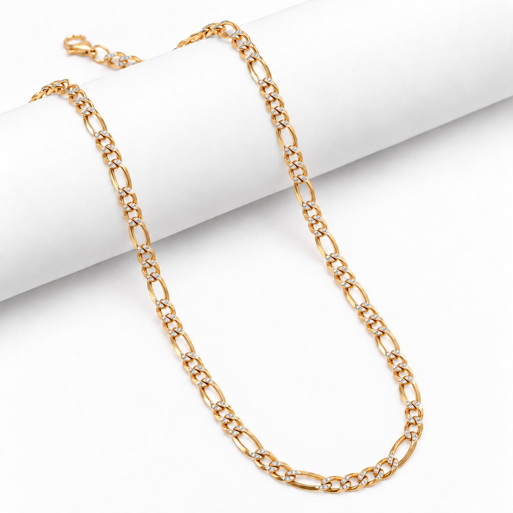 Italian Made - Sterling Silver Flat Figaro Pave Necklace (Size - 22) with Lobster Clasp in Two Tone Plating_8552980_5