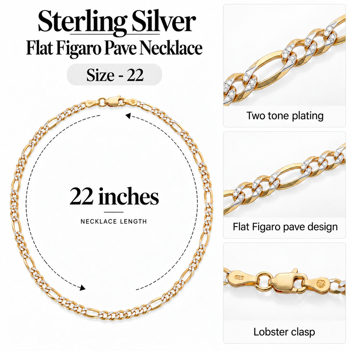 Italian Made - Sterling Silver Flat Figaro Pave Necklace (Size - 22) with Lobster Clasp in Two Tone Plating V32739233 7
