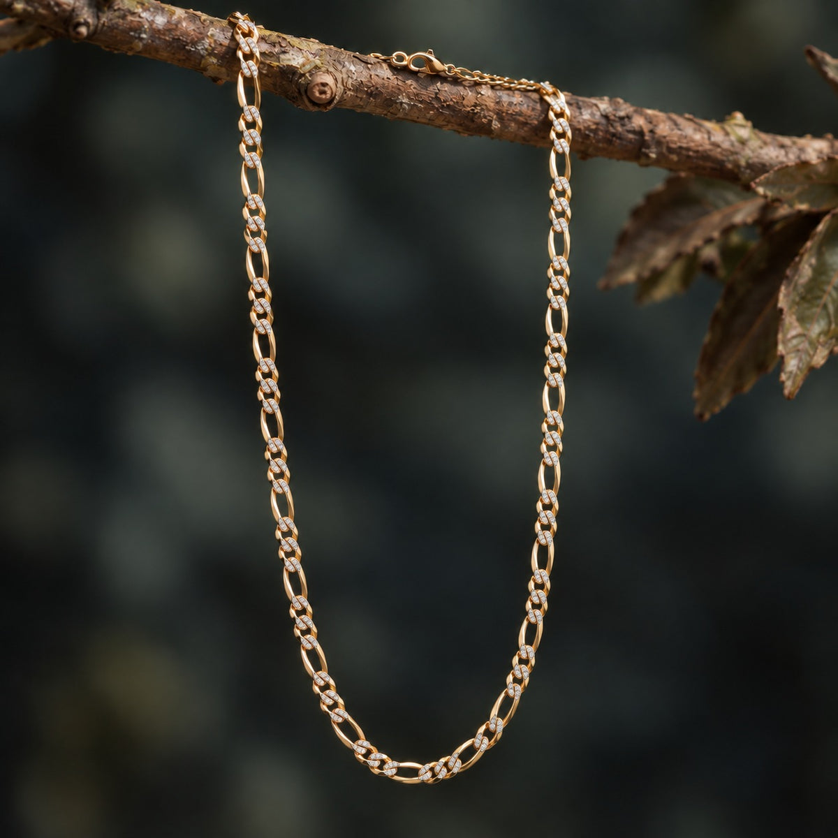 Italian Made - Sterling Silver Flat Figaro Pave Necklace (Size - 24) with Lobster Clasp in Two Tone Plating V32754692 2