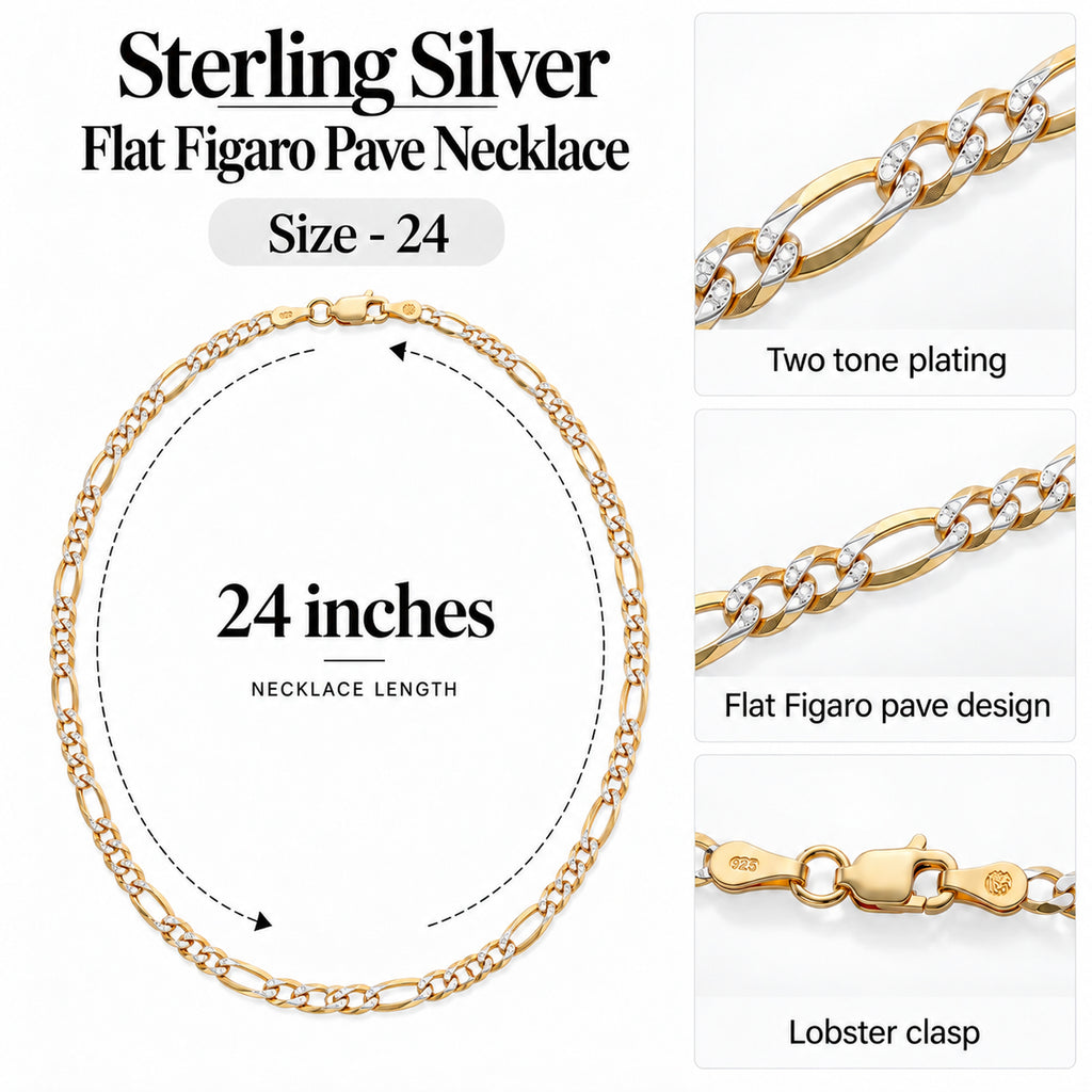 Italian Made - Sterling Silver Flat Figaro Pave Necklace (Size - 24) with Lobster Clasp in Two Tone Plating_8552981_7