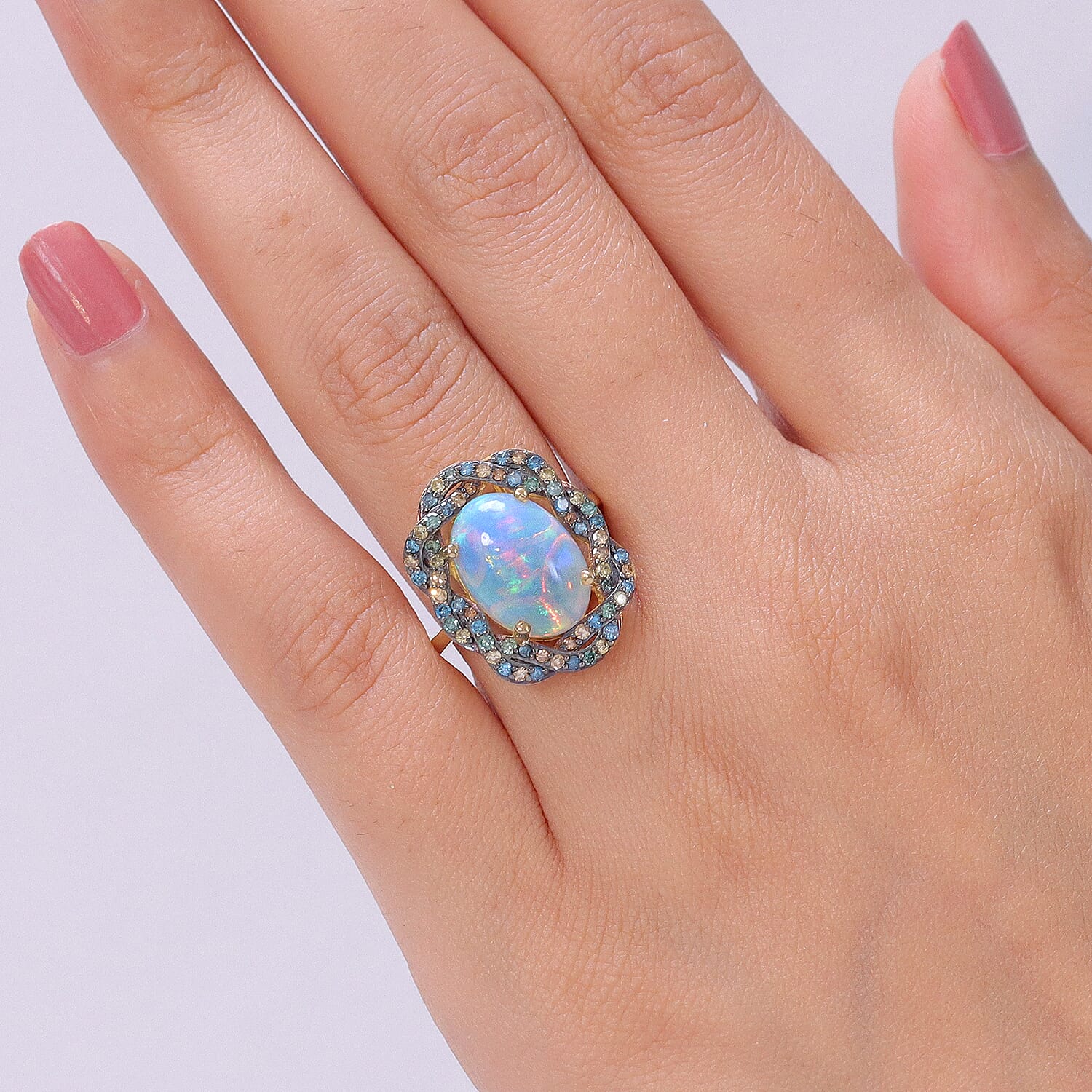 AAA Ethiopian Opal &amp; SI-G/H Lab Grown Multi Diamond Cluster Halo Ring in 18K Vermeil Yellow Gold Plated Sterling Silver 4.50 Ct. V32522348 2