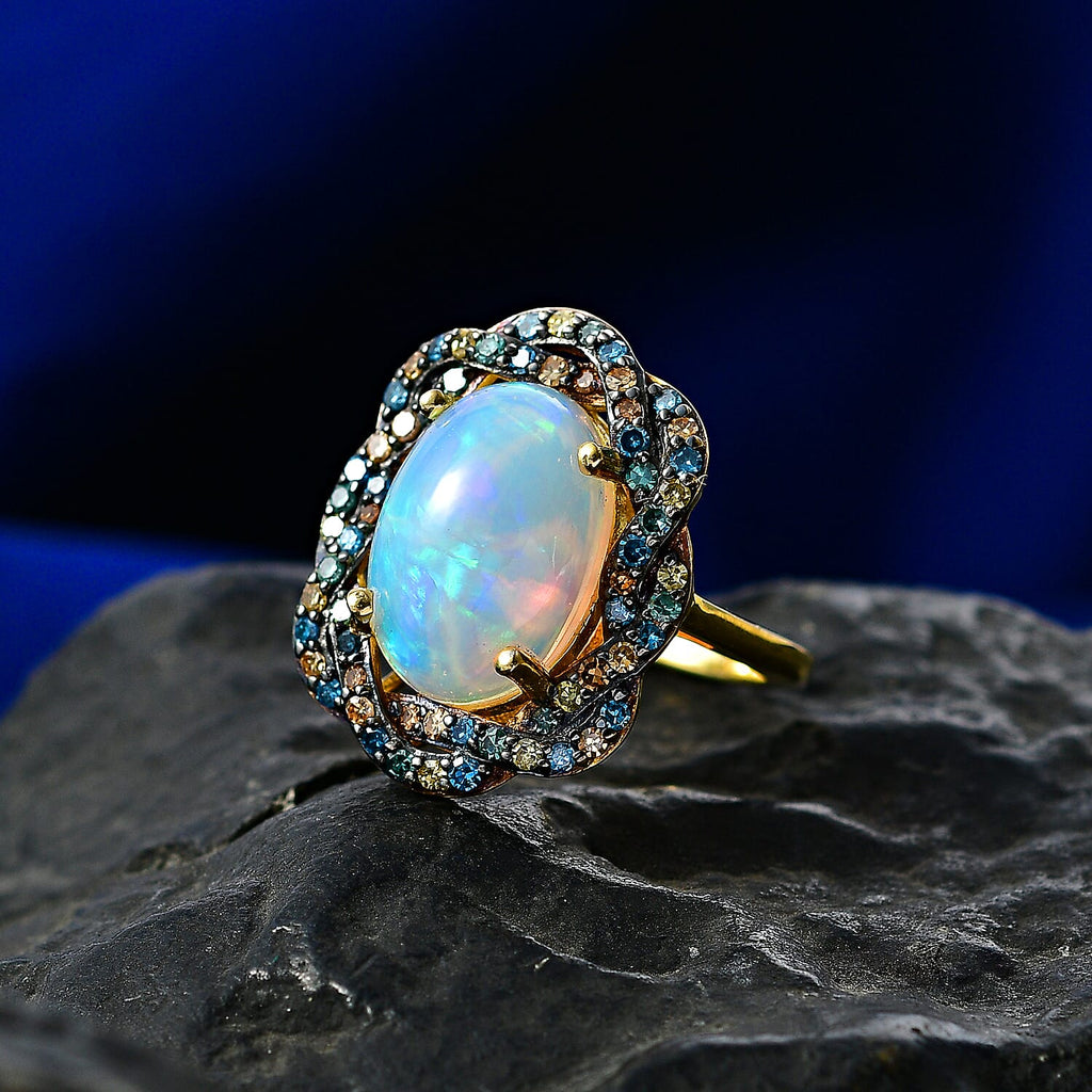 AAA Ethiopian Opal & SI-G/H Lab Grown Multi Diamond Cluster Halo Ring in 18K Vermeil Yellow Gold Plated Sterling Silver 4.50 Ct._8553174_2