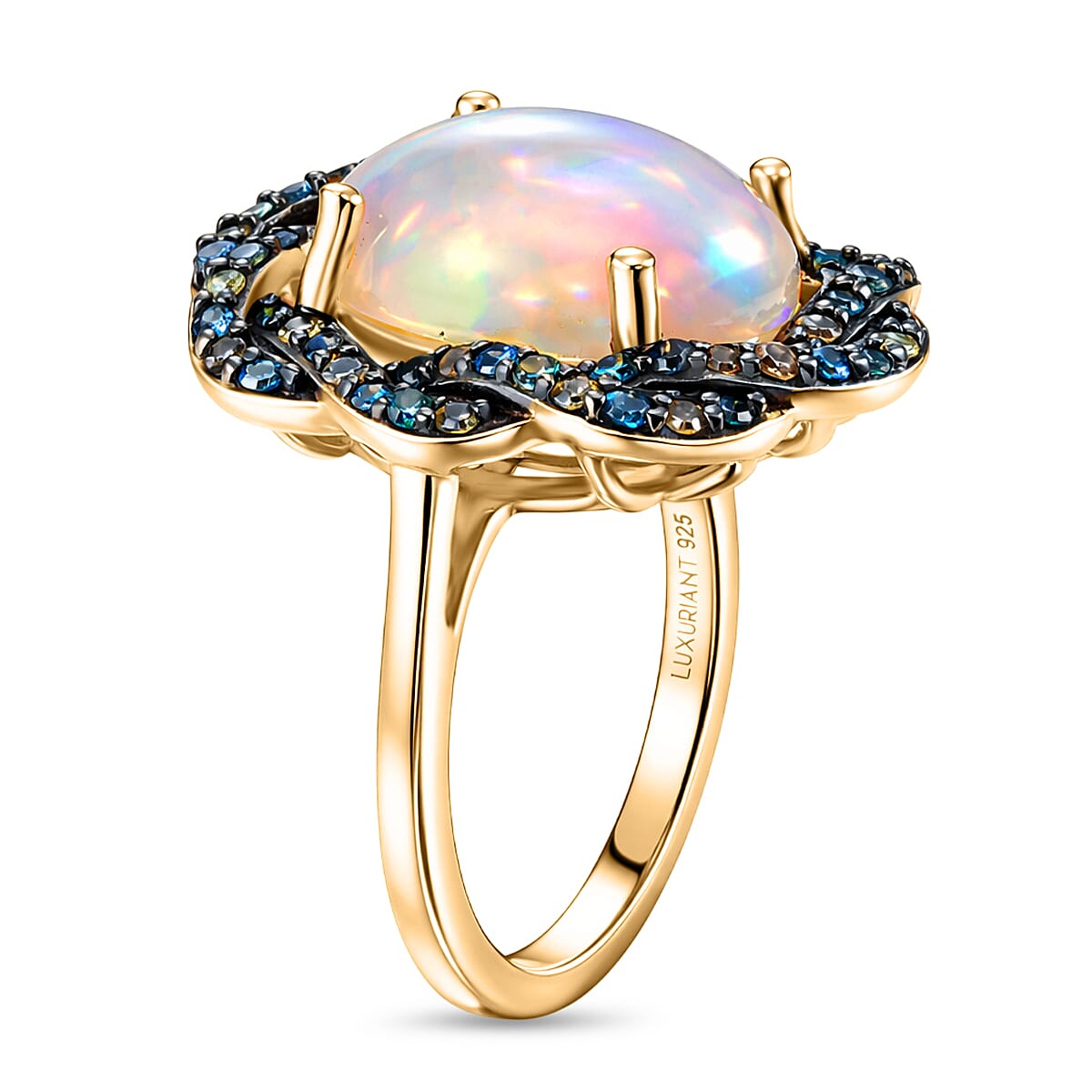 AAA Ethiopian Opal &amp; SI-G/H Lab Grown Multi Diamond Cluster Halo Ring in 18K Vermeil Yellow Gold Plated Sterling Silver 4.50 Ct. V32522348 4