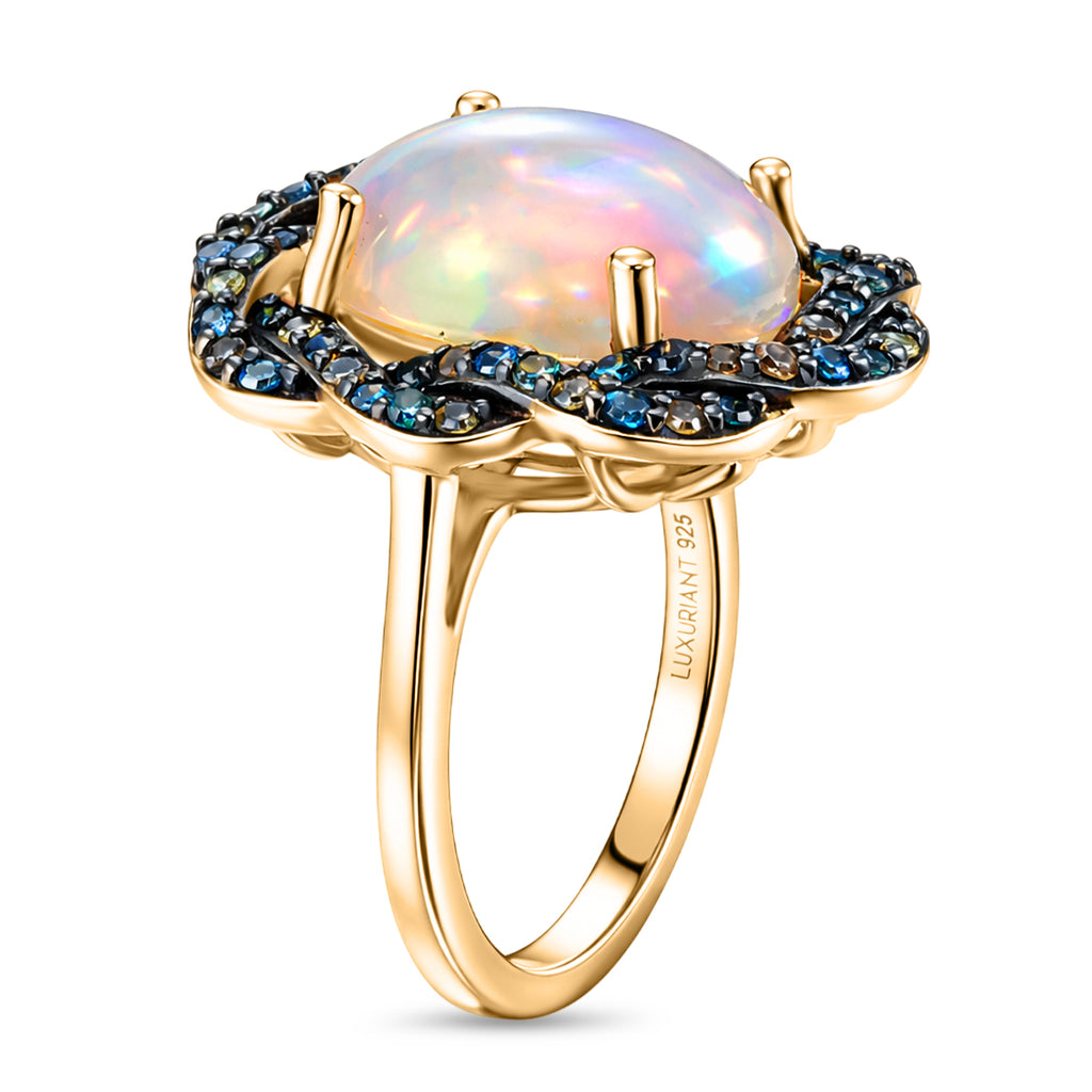 AAA Ethiopian Opal & SI-G/H Lab Grown Multi Diamond Cluster Halo Ring in 18K Vermeil Yellow Gold Plated Sterling Silver 4.50 Ct._8553175_3