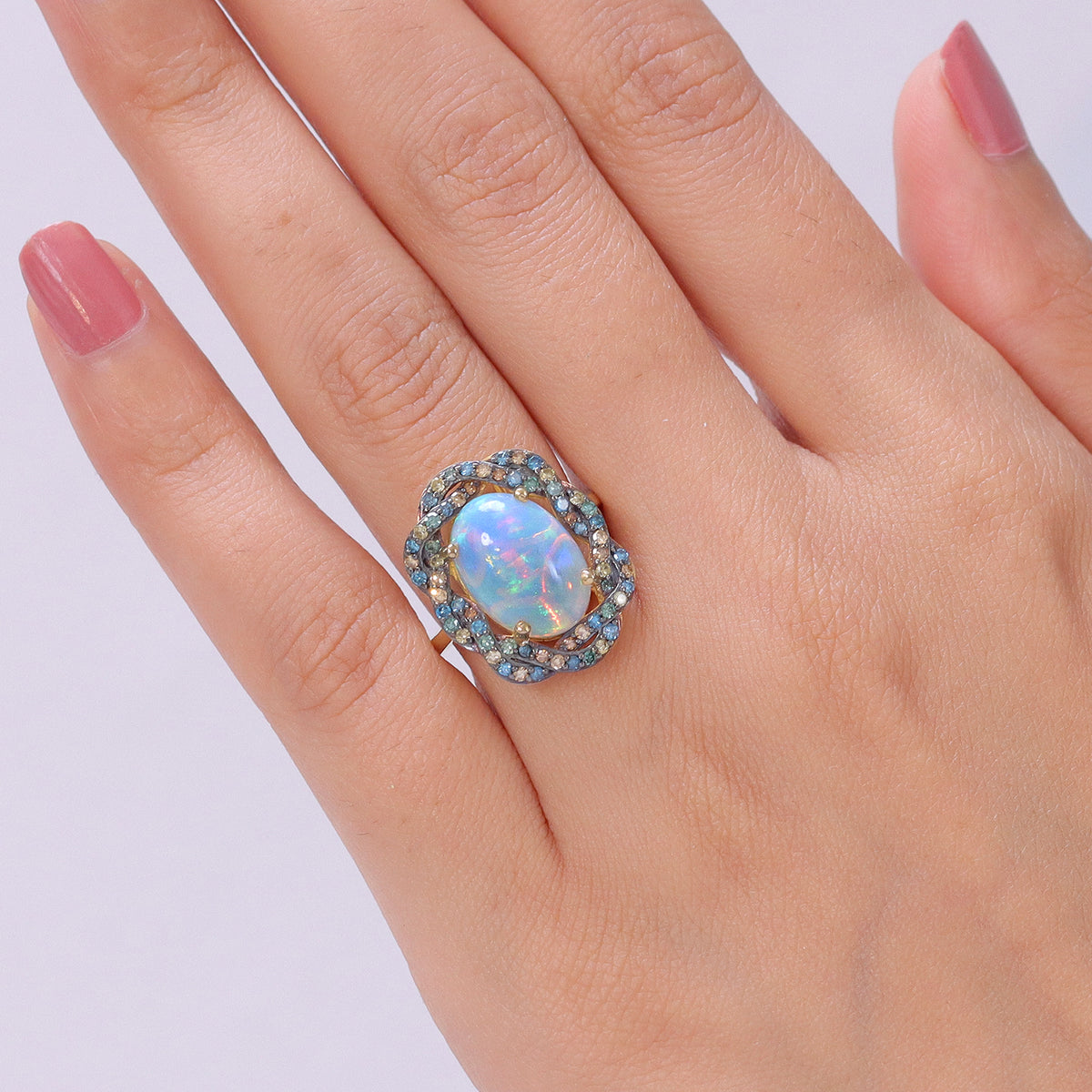 AAA Ethiopian Opal &amp; SI-G/H Lab Grown Multi Diamond Cluster Halo Ring in 18K Vermeil Yellow Gold Plated Sterling Silver 4.50 Ct. V32612336 2