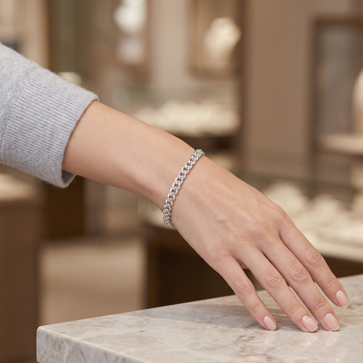 Italian Made - Sterling Silver Pave Curb Bracelet (Size - 7.5) with Lobster Clasp V32515282 1