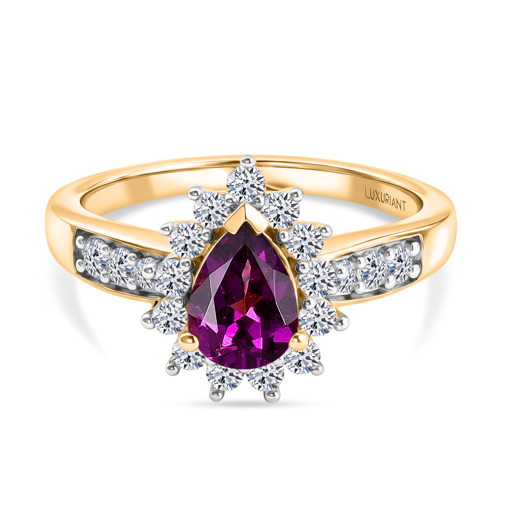 Luxuriant - Natural Radiant Ember Garnet & Lab Grown Diamond (SI/G-H) Pear Cut Halo Ring in 18K Vermeil Yellow Gold Plated Sterling Silver 1.22 Ct._8553608