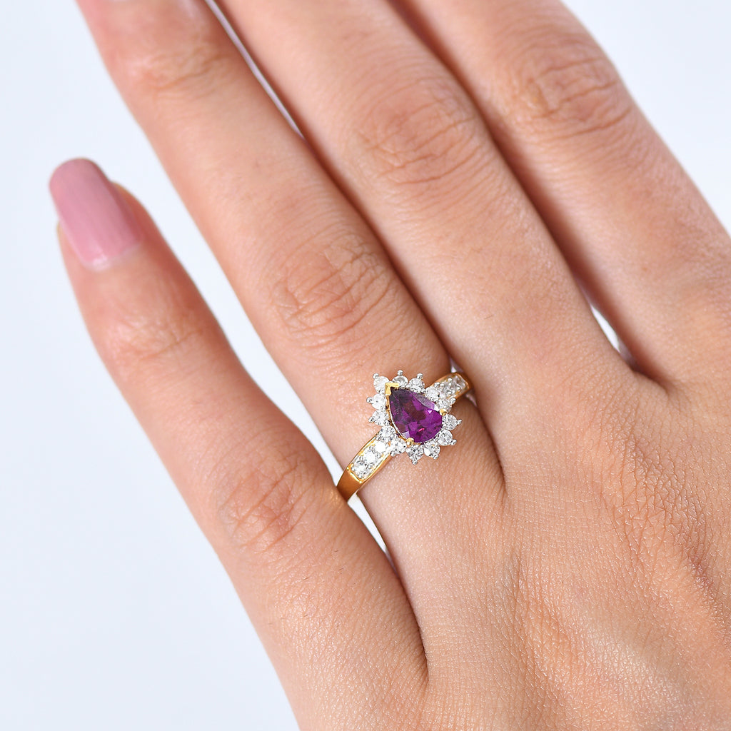 Luxuriant - Natural Radiant Ember Garnet & Lab Grown Diamond (SI/G-H) Pear Cut Halo Ring in 18K Vermeil Yellow Gold Plated Sterling Silver 1.22 Ct._8553608_1