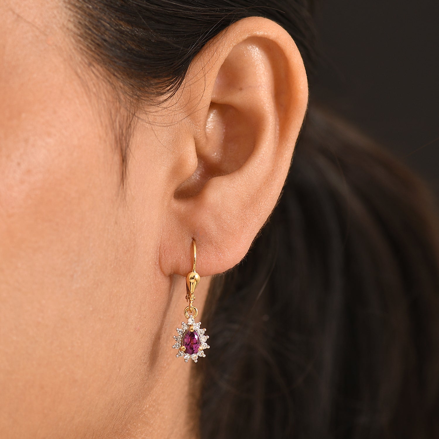 Luxuriant - AAA Purple Garnet &amp; Lab Grown Diamond (SI/G-H) Halo Dangling Earring with Lever Back in 18K Vermeil Yellow Gold Plated Sterling Silver 1.10 Ct. 8553632 2