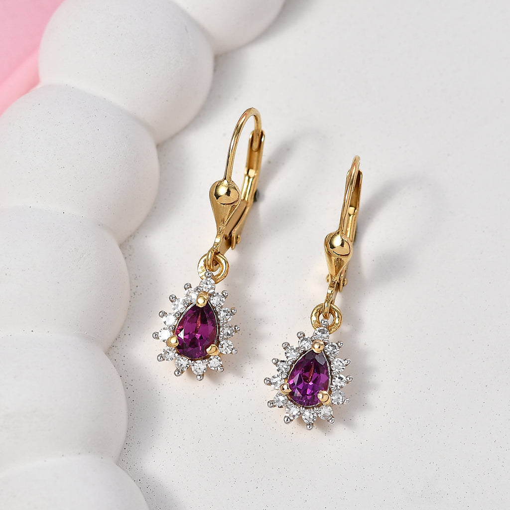 Luxuriant - AAA Purple Garnet & Lab Grown Diamond (SI/G-H) Halo Dangling Earring with Lever Back in 18K Vermeil Yellow Gold Plated Sterling Silver 1.10 Ct._8553632_2