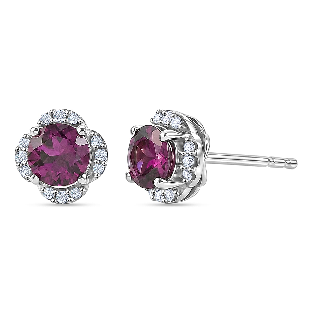 D'Joy - AAA Purple Garnet &amp; White Zircon Halo Stud Push Post Earring in Rhodium Overlay Sterling Silver 1.40 Ct. V32536233 0