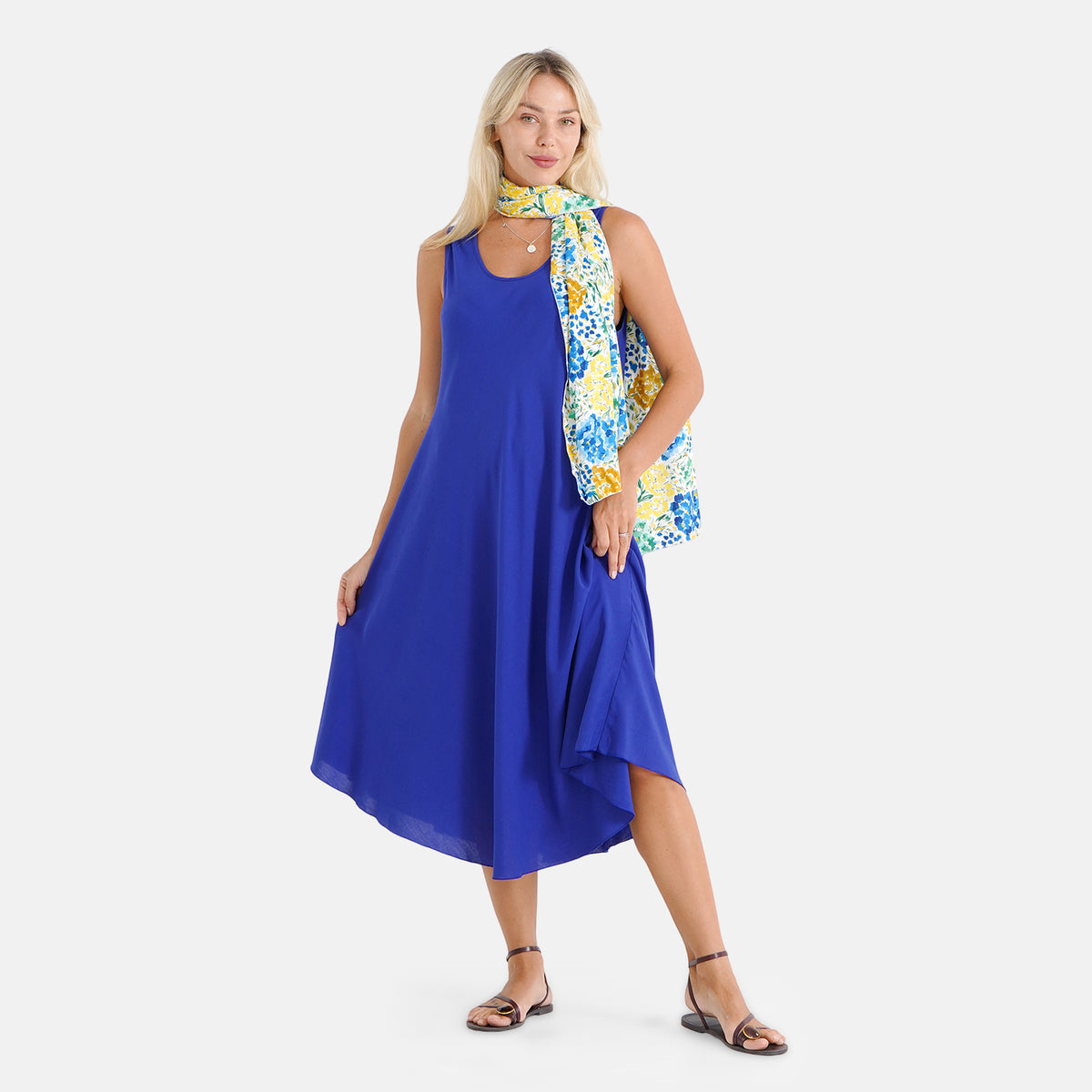 La Marey Womens 2-Piece Royal Blue Umbrella Dress with Multicolour Print Scarf (One Size)