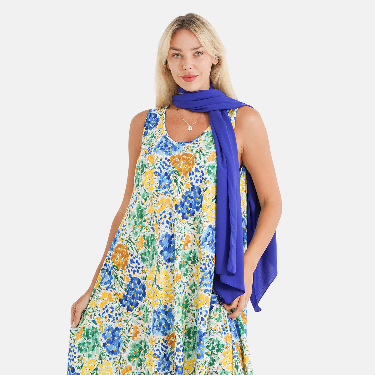 La Marey Womens 2-Piece Multicolour Floral Umbrella Dress with Royal Blue Scarf (One Size) V32647455 4