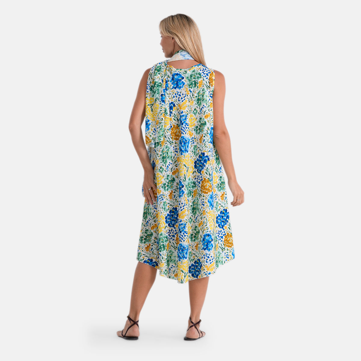 La Marey Womens 2-Piece Multicolour Floral Umbrella Dress with Royal Blue Scarf (One Size Curve) V32648686 2