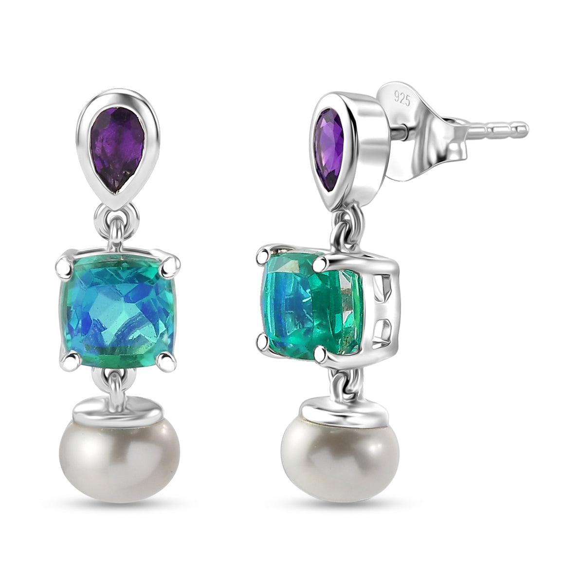 D'Joy - Peacock Triplet Quartz, Fresh Water Pearl &amp; African Amethyst Dangling Earring with Push Post in Platinum Overlay Sterling Silver 6.25 Ct. 8555102 0