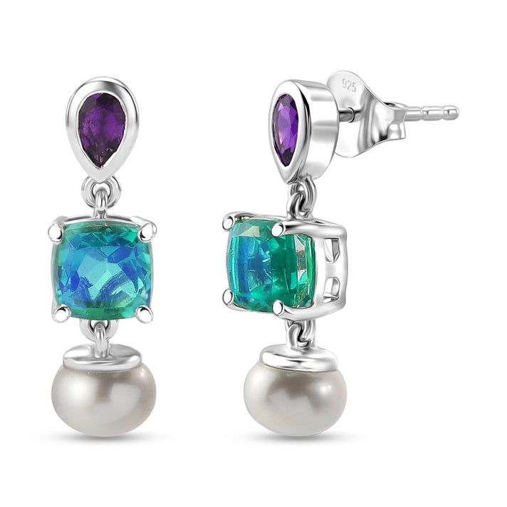 D'Joy - Peacock Triplet Quartz, Fresh Water Pearl &amp; African Amethyst Dangling Earring with Push Post in Platinum Overlay Sterling Silver 6.25 Ct. 8555102 1