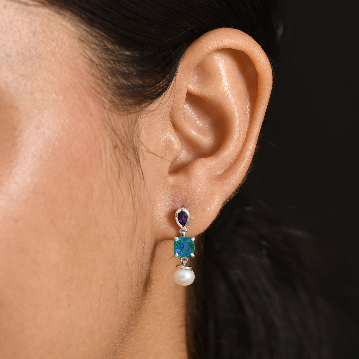 D'Joy - Peacock Triplet Quartz, Fresh Water Pearl &amp; African Amethyst Dangling Earring with Push Post in Platinum Overlay Sterling Silver 6.25 Ct. 8555102 2