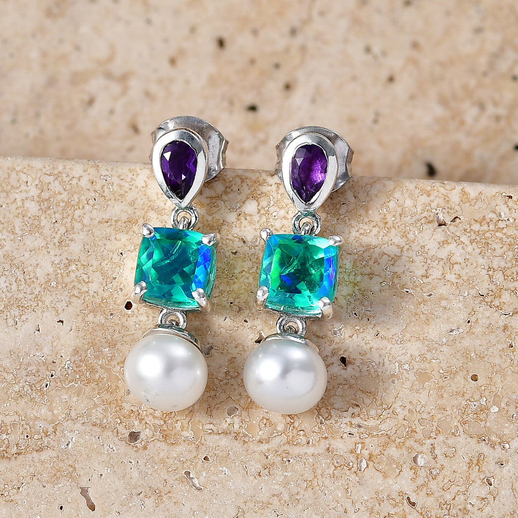 D'Joy - Peacock Triplet Quartz, Fresh Water Pearl & African Amethyst Dangling Earring with Push Post in Platinum Overlay Sterling Silver 6.25 Ct._8555102_2