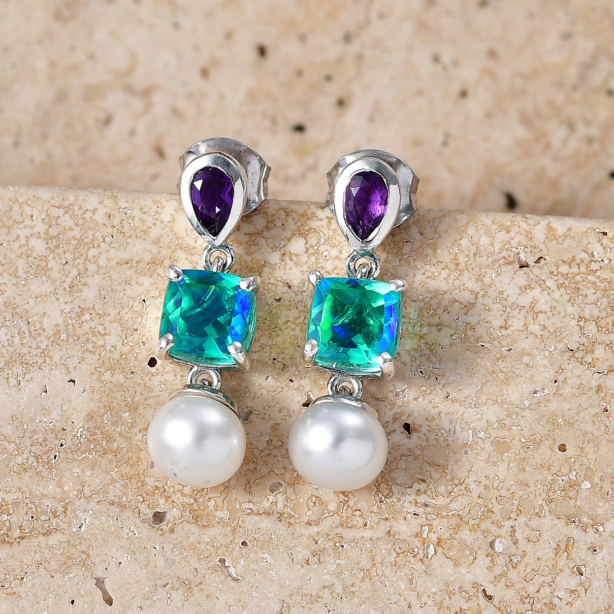 D'Joy - Peacock Triplet Quartz, Fresh Water Pearl &amp; African Amethyst Dangling Earring with Push Post in Platinum Overlay Sterling Silver 6.25 Ct. 8555102 3