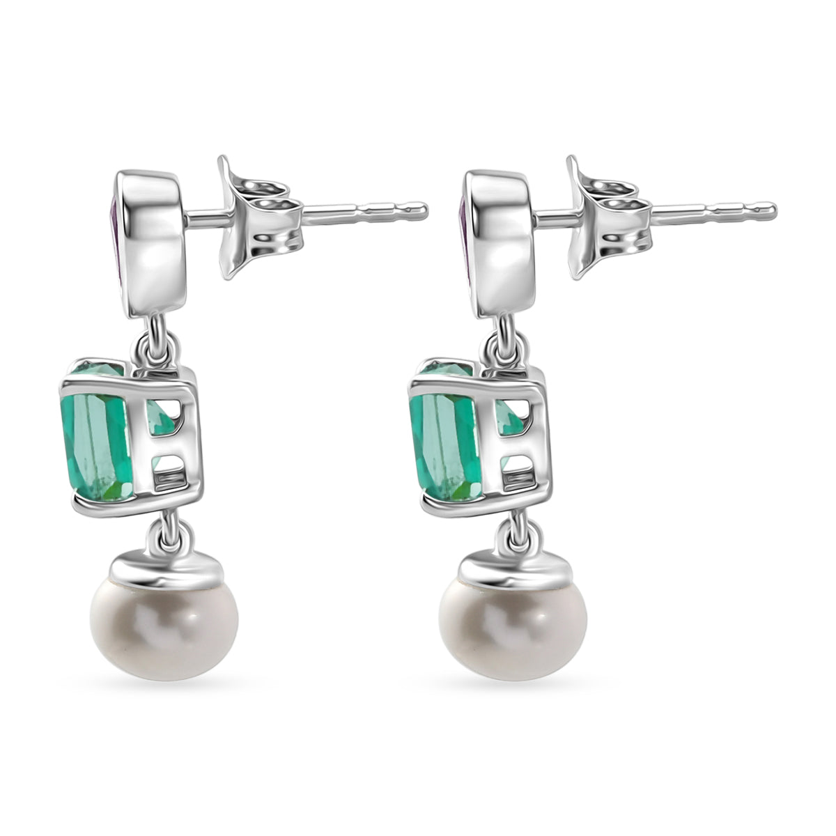 D'Joy - Peacock Triplet Quartz, Fresh Water Pearl &amp; African Amethyst Dangling Earring with Push Post in Platinum Overlay Sterling Silver 6.25 Ct. 8555102 4