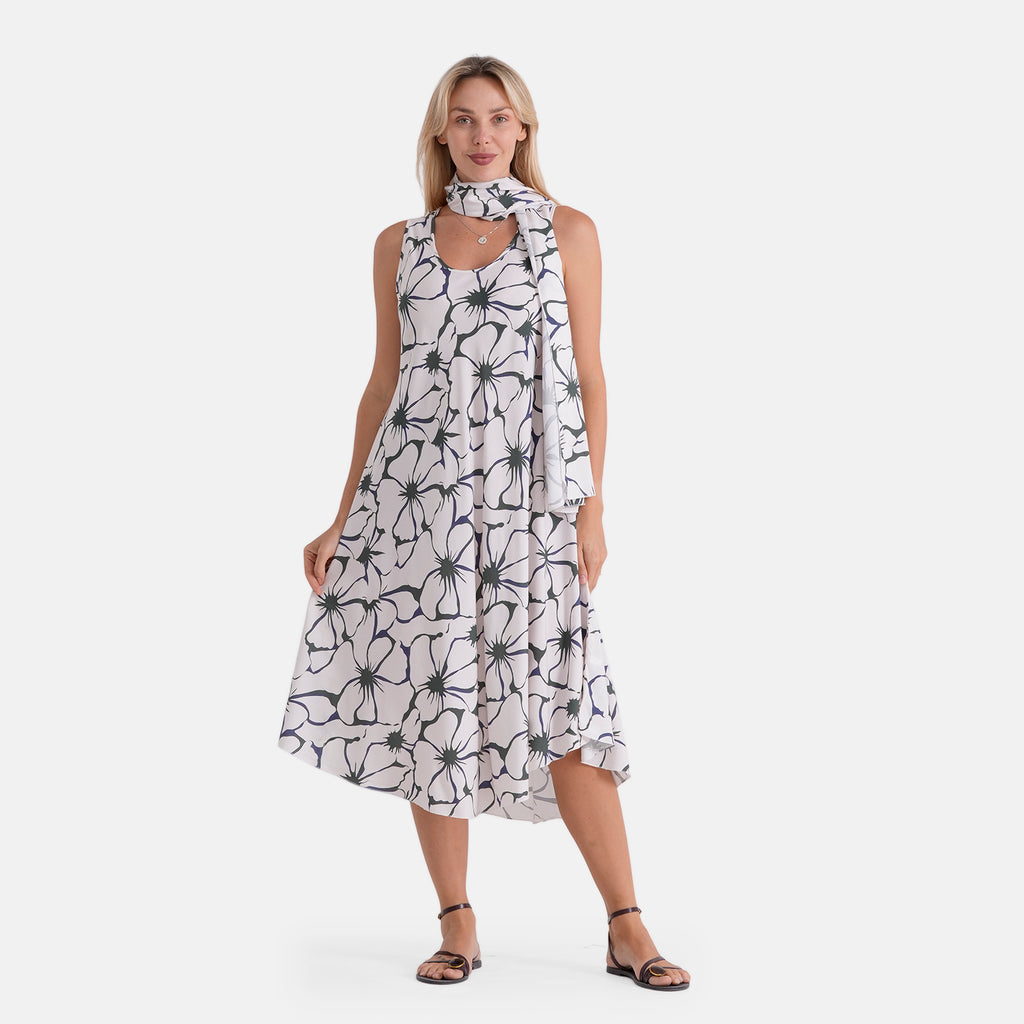La Marey Summer Escape Printed Umbrella Dress with Scarf (One Size, 8-18) - White_8555117